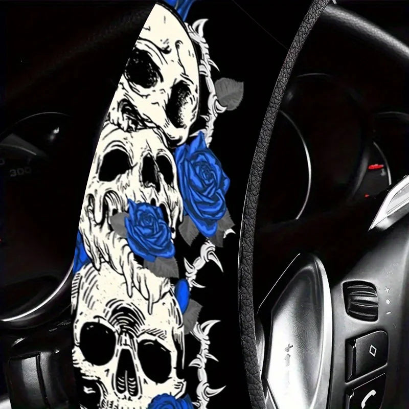 Gothic Skull & Blue Rose Steering Wheel Cover – Non-Slip Steering Wheel Cover HIP