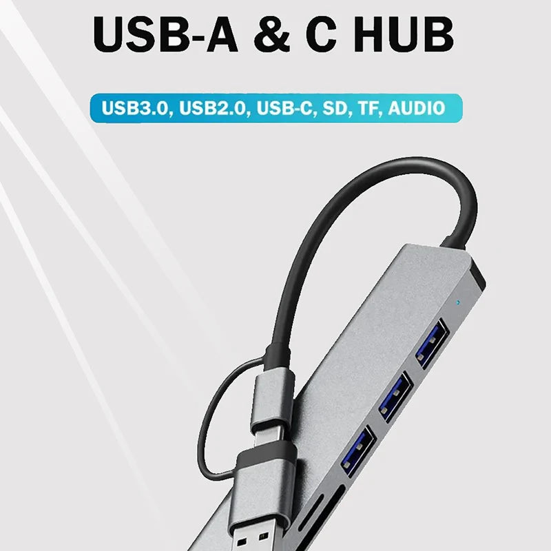 8-in-1 USB Expander HUB USB Distributor with 2 USB 3.0, 2 USB 2.0, And 1 USB C Ports, TF/SD Card Suitable For Laptops PC Macbook HIP