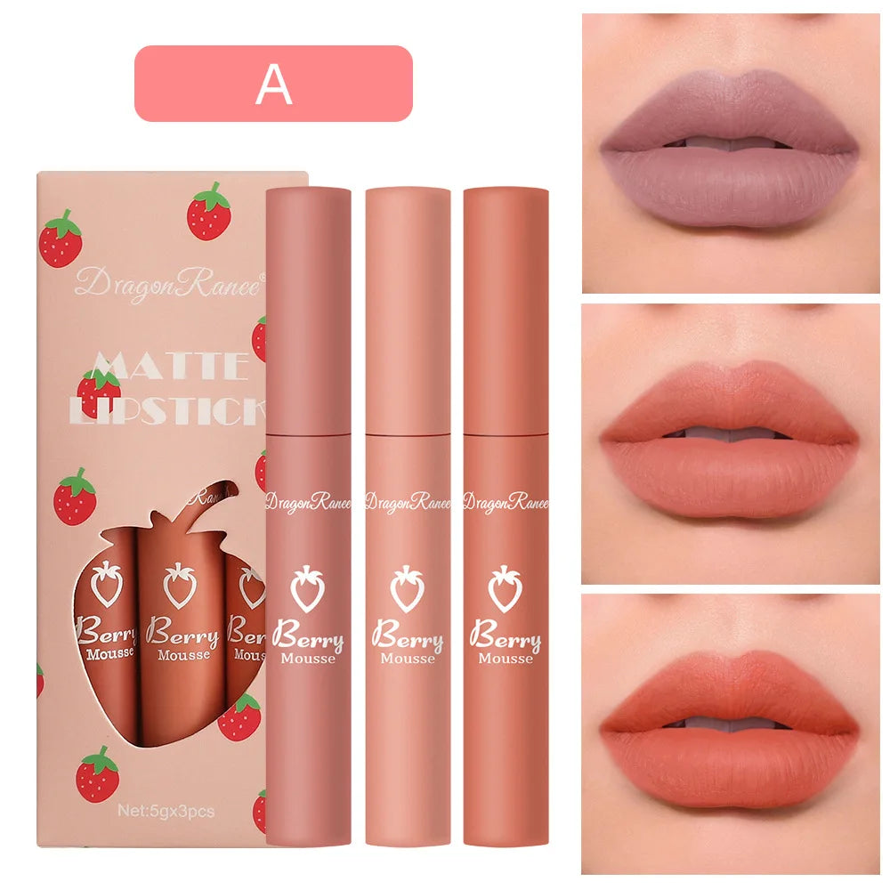 Dragon Ranee 3-Piece Velvet Matte Lip Gloss Set | Strawberry Matte Lip Gloss Set HIP A