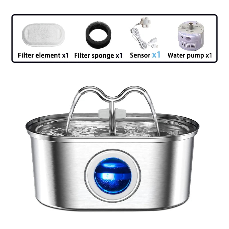 108oz/3.2L Cat Water Stainless Steel Pets Dispenser With LED Light Silent Pump Automatic Fountain For Cat Dog Drinking Bowl HIP 1set-1filter-senson