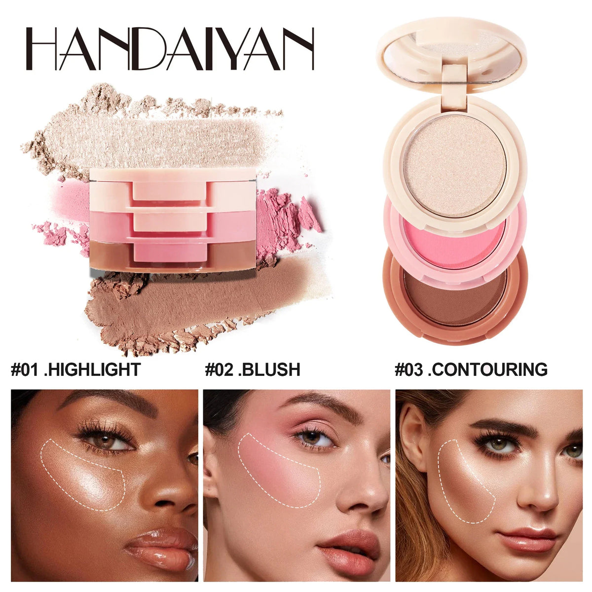 New 3 In 1 Matte Highlighter Contouring Blush Palette Pearly Shiny Eyeshadow Multifunctional Face Makeup Palette Female Cosmetic HIP