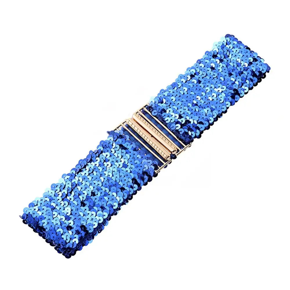 Women's Wide Sequin Belt – Gold Buckle Elastic Waistband Sequin Fashion Belt HIP 60x6cm-C