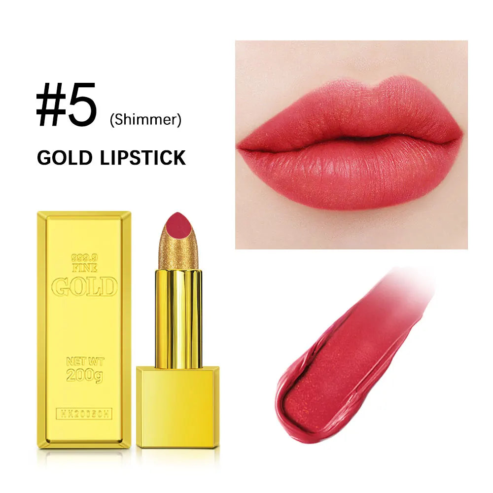 Shimmer Gold Lipstick Metallic Glitter Sexy Lipsticks Long Lasting Batom Waterproof Cosmetic Gold Brick Tube Design Gift 3.5g HIP color 5