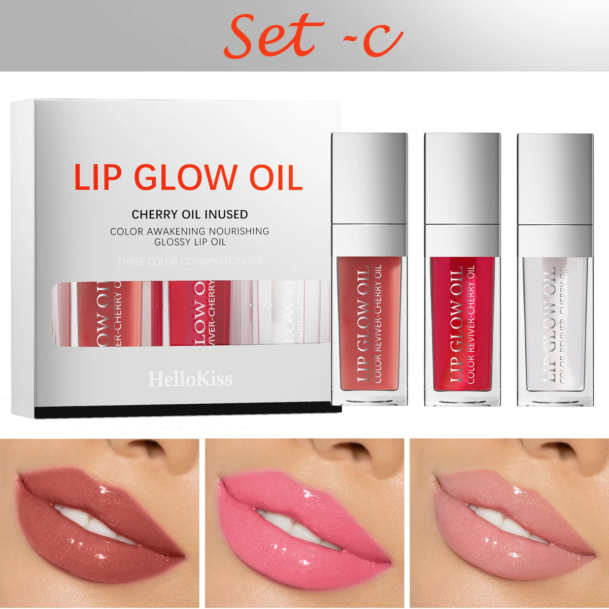 Hello Kiss Lip Oil Trio Set – Glossy Moisturizing Treatment Lip Oil Set HIP C