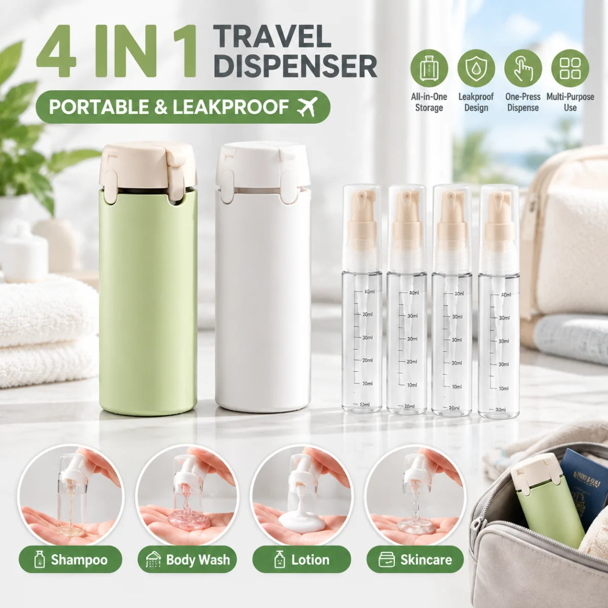 4-in-1 Leakproof Travel Dispenser Bottles – 120ml Refillable Travel Dispenser Bottles HIP