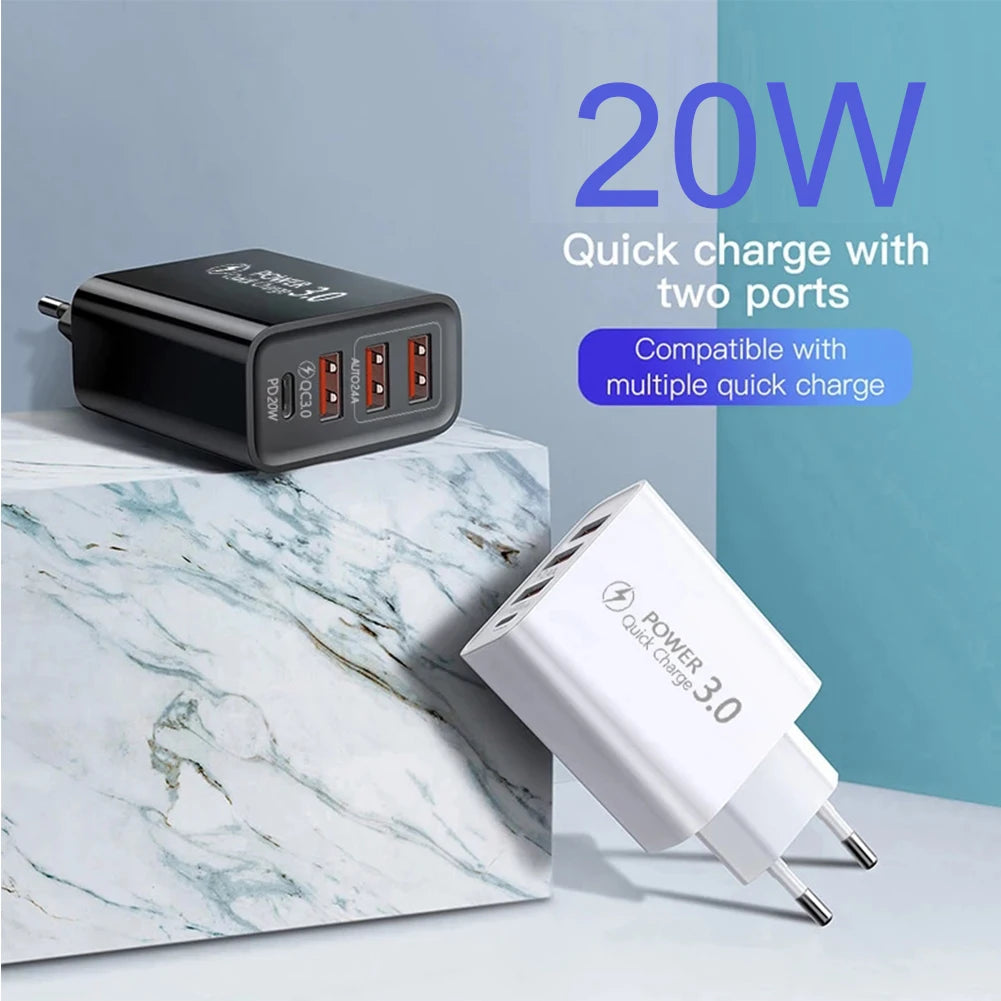 20W PD 4 Ports USB 5V4A Charge Power Adapter Mobile Phone Charger QC3.0 Charging EU/US Plug Outlet Travel Charger 110V 220V HIP black US