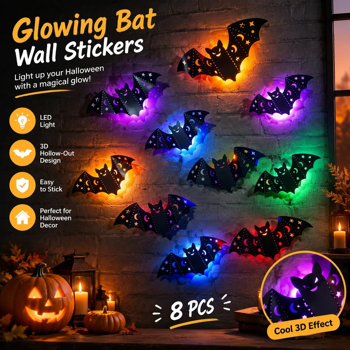Universal Bat Wall Stickers with LED Night Light 8Pcs 3D Hollow-Out Glowing Bat Wall Sticker Halloween Party Festival Decoration HIP