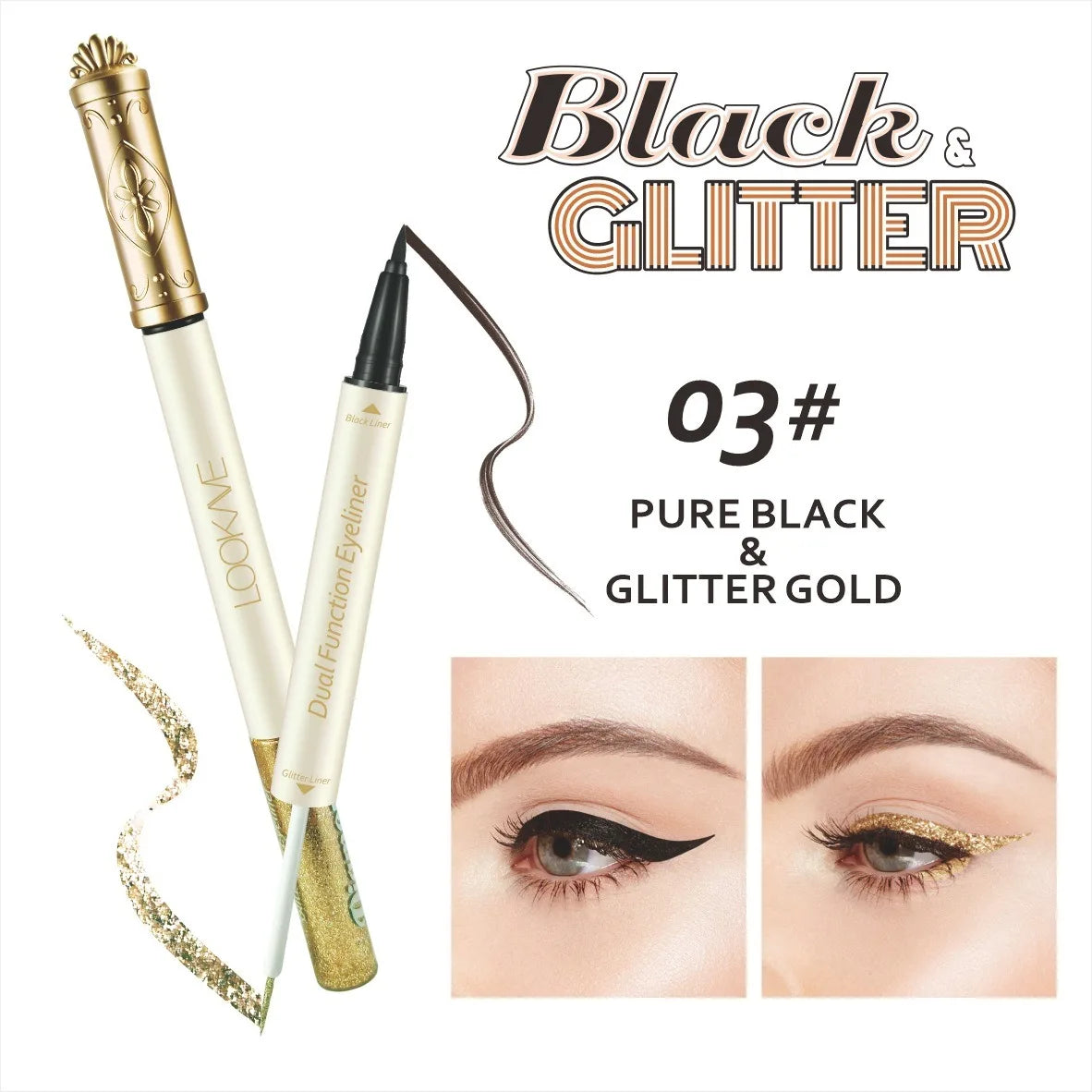 Dual Eyeliner Wand Pearlescent Diamond Eye Shadow Liquid Sequins Smooth Mini Fine Brush Black Silver Gold Glitter Eye Pigment HIP 03