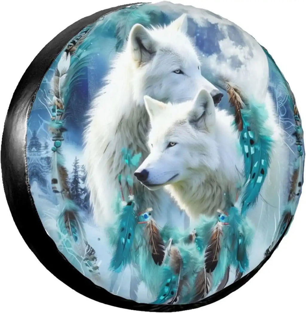 Boho Wolf Spare Tire Cover – Waterproof RV SUV Truck Camper Spare Tire Cover HIP Blue 17in