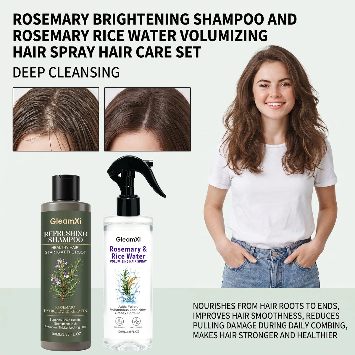 Rosemary Shampoo & Rice Water Spray Set – Volumizing Hair Kit Hair Care Set HIP