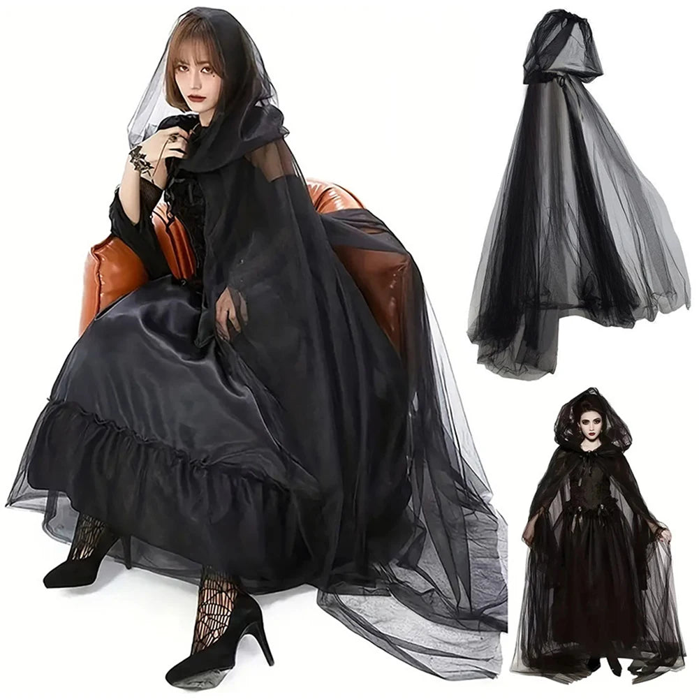 1Pc Halloween Grim Reaper Cloak with Hood Gothic Victorian Witch Costume Long Cape Sheer Mesh Elegant Gothic Party Cosplay Ghost HIP