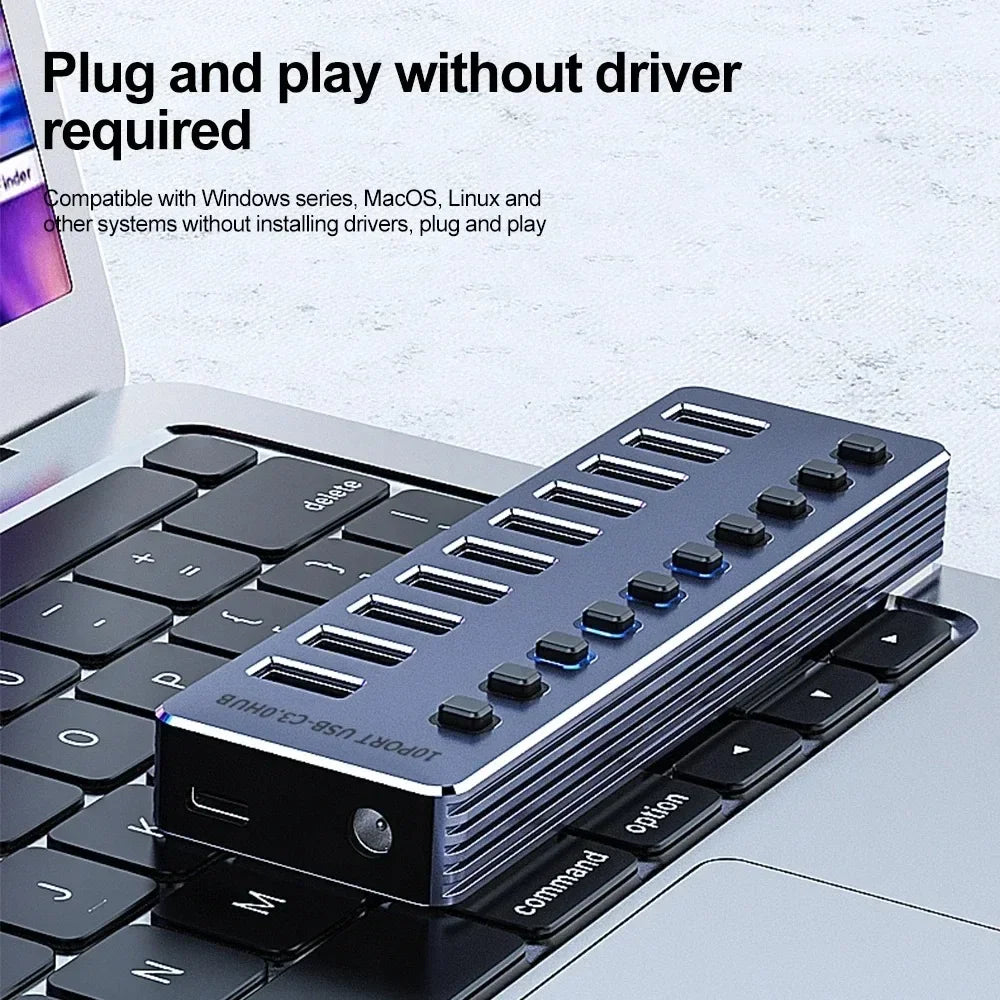 KEBIDUMEI 10-Port USB 3.0 Hub | 5Gbps & Independent Switches USB 3.0 Hub HIP