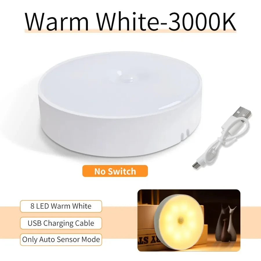 PIR Motion Sensor LED Night Light USB Rechargeable Bedroom Night Lamp Kitchen Cabinet Wardrobe Lamp Stairs Hallway Closet Lights HIP No Switch Warm