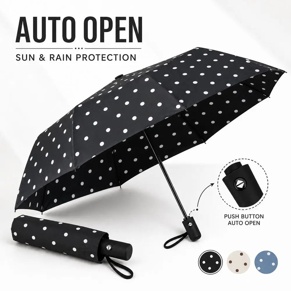 Polka Dot Auto Folding Umbrella – UV Protection & Compact Folding Umbrella HIP