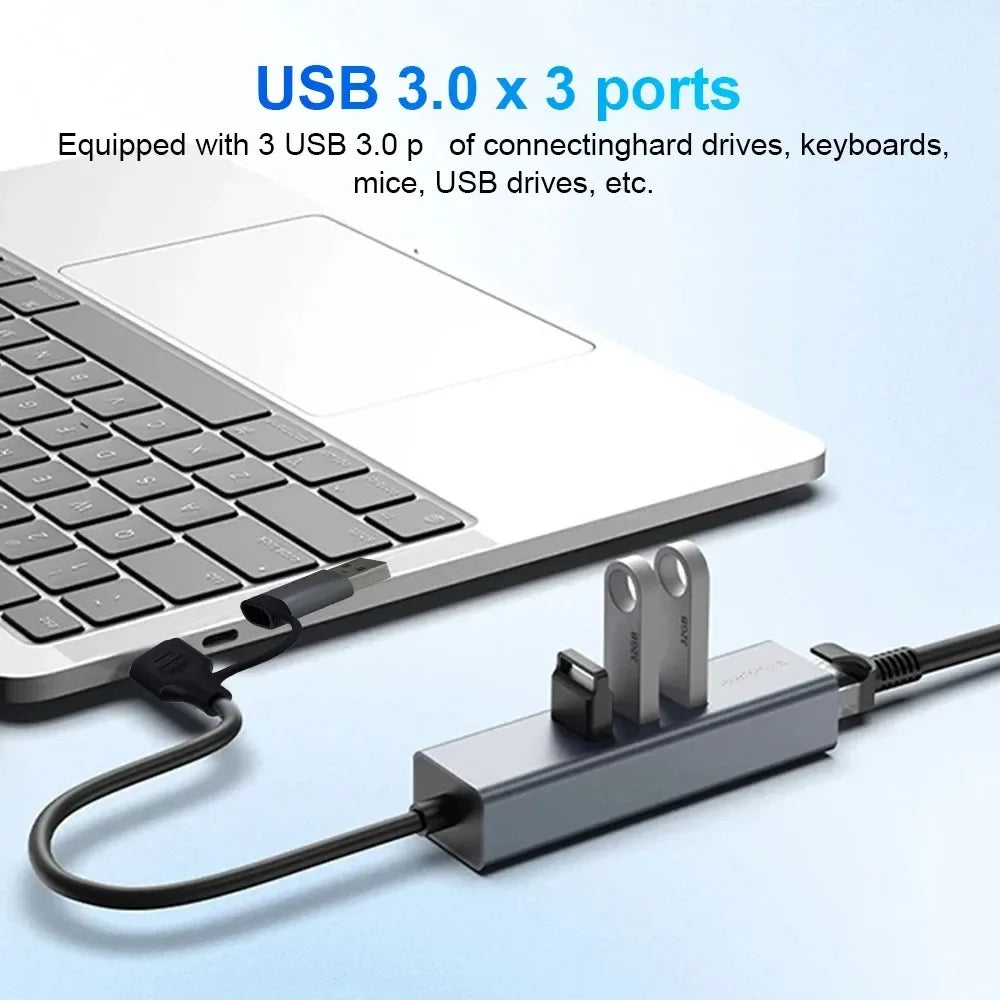4-in-1 USB-C Hub – Gigabit Ethernet & 3x USB 3.0 | KEBIDUMEI USB-C Hub Adapter HIP