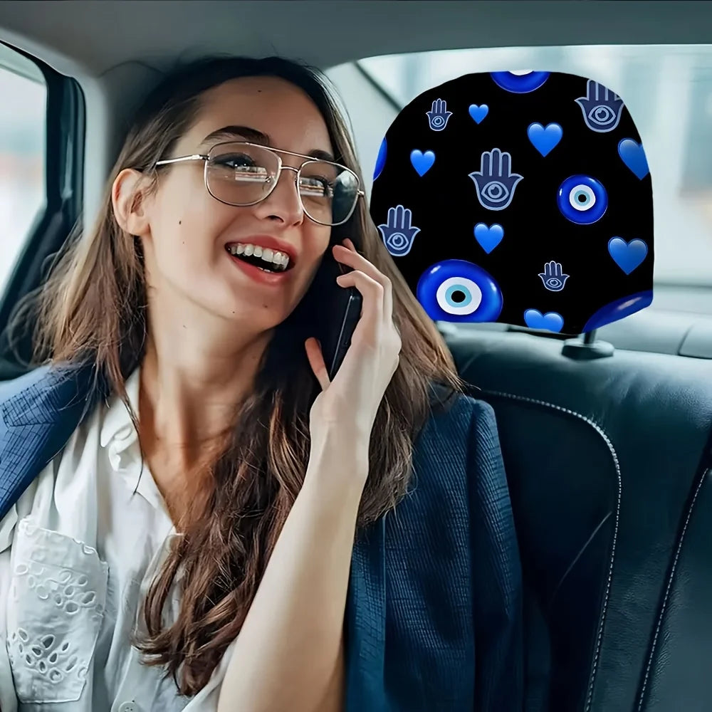 2-Pack Blue Evil Eye Car Headrest Covers | Elastic Fit Car Headrest Cover HIP