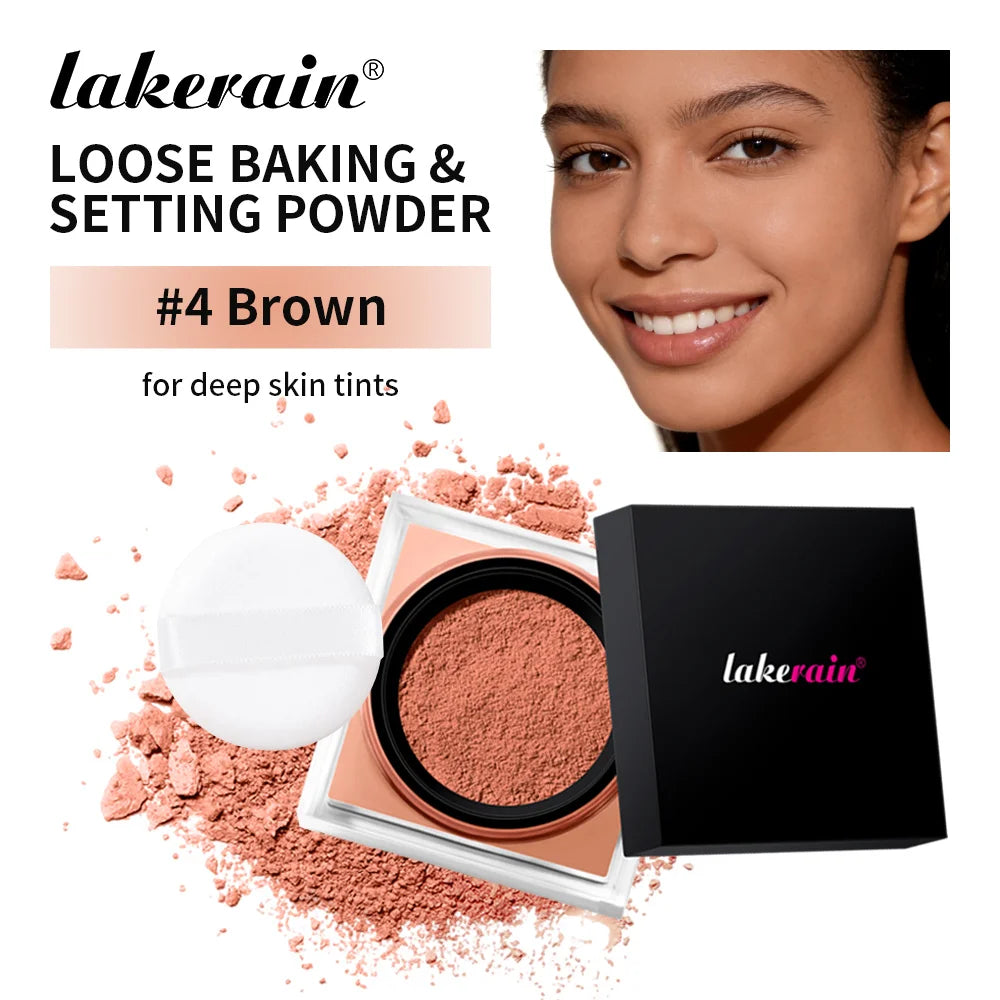 Waterproof Loose Baking&Setting Powder Long Lasting Oil Control Matte Setting Powder Natural Brightening Face Cosmetics HIP 4Brown and puff