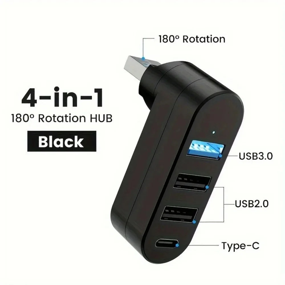 4-in-1 USB 3.0 Hub – 180° Rotating Type-C Splitter | OLPAY USB Hub Adapter HIP black