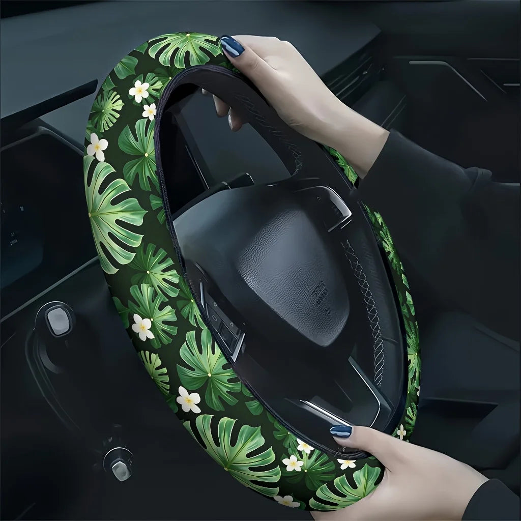 Tropical Leaf & Flower Car Steering Wheel Cover – Soft Grip Steering Wheel Cover HIP black