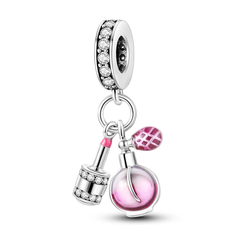 S925 Silver Plated Pink Perfume Bottle Luggage Camera Airplane Pendants Charms Fit Original Bracelets DIY Birthday Jewelry Gifts HIP W-KJC736