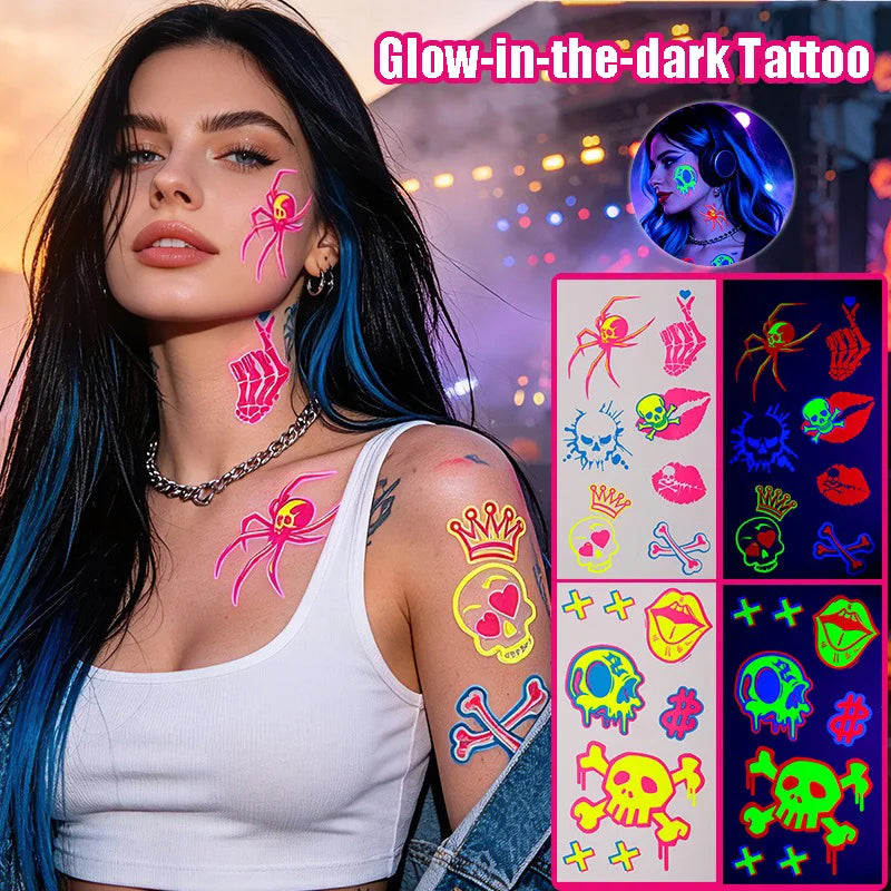 Neon Glow UV Temporary Tattoo Stickers Waterproof Halloween Skeleton Love Heart Spider Butterfly Face Body Tattoo Carnival Party HIP