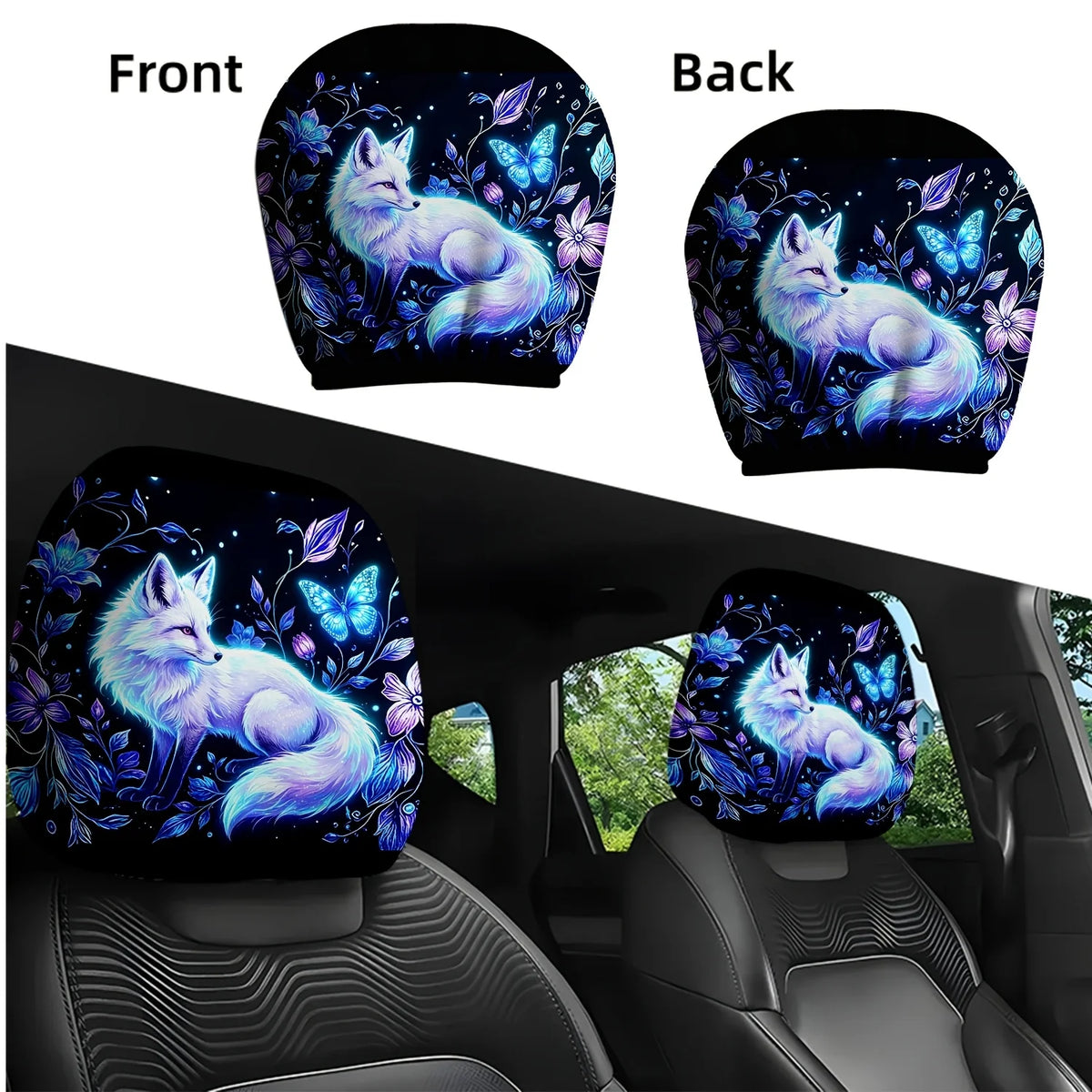 2-Pack Fox Floral Car Seat Headrest Covers – Washable Car Headrest Cover HIP black