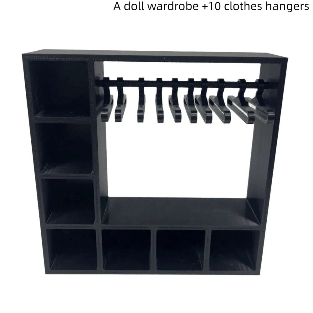 Mini Doll Clothes Closet Wardrobe with 10 Hangers – 1:12 Scale Doll Wardrobe Accessory HIP Black