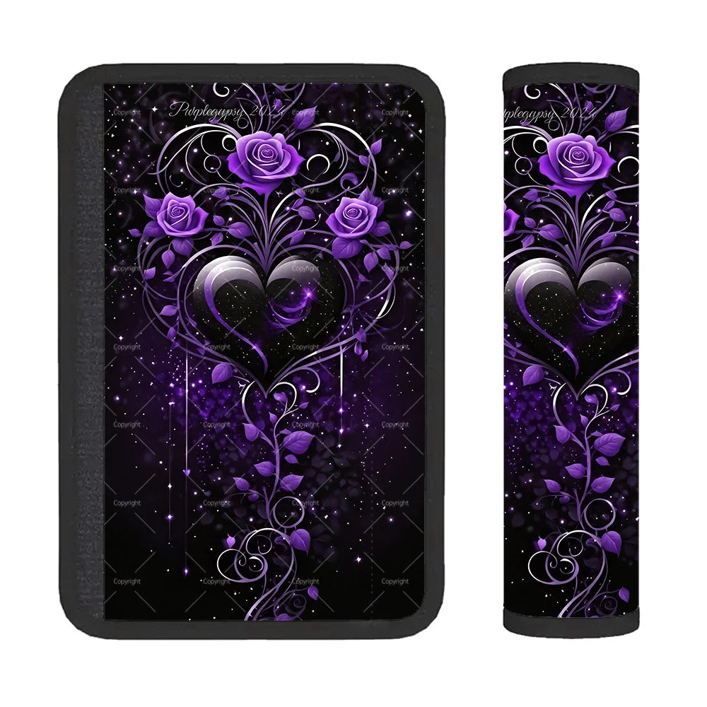 Car Seat Belt Cover – Soft Shoulder Pad, Purple Roses Design Seat Belt Cover HIP black