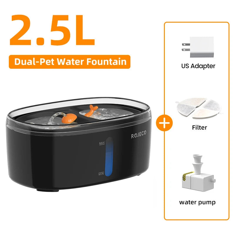 ROJECO Automatic Cat Water Fountain 2.5L Water Dispenser For Multiple Pets Smart Fountain Drinker For Pet Cat Kitten Dual Bowls HIP With US Plug 2.5L