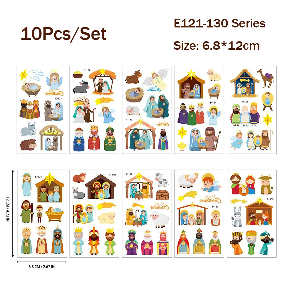 10/20Pcs Merry Christmas Tattoo Stickers Jesus Nativity Gingerbread Santa Elk Small Temporary Tattoo Xmas Kids Gift for Hand Arm HIP 10PCS E121-130