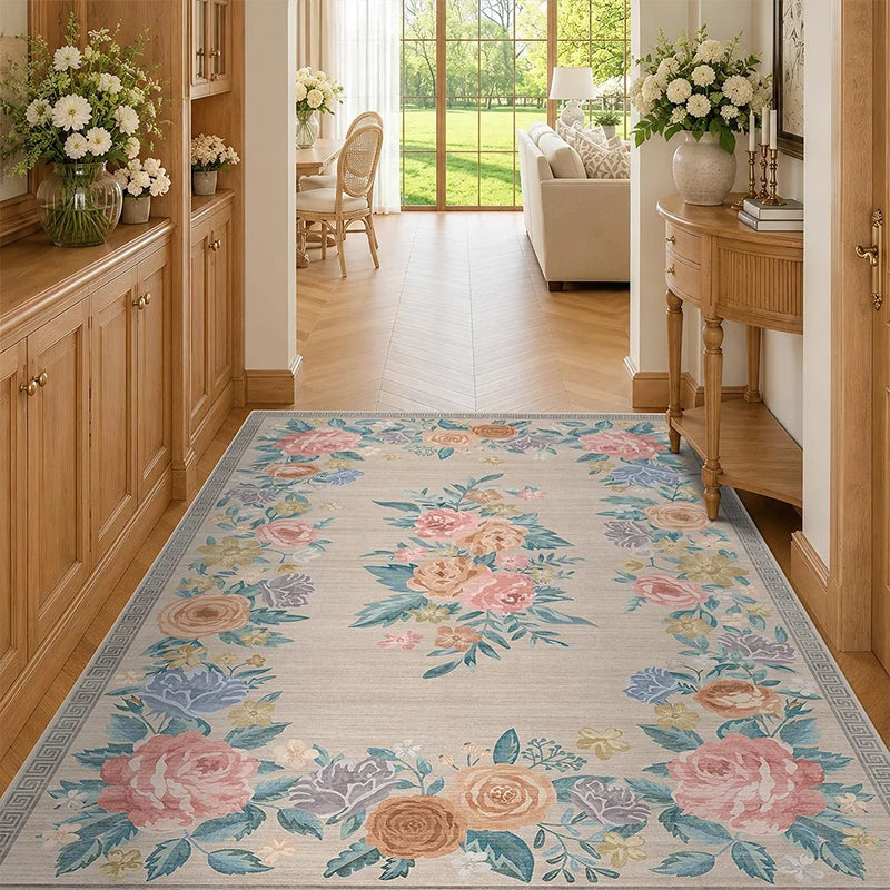 Retro Floral Rose Area Rug – Non-Slip & Machine Washable Floral Area Rug HIP
