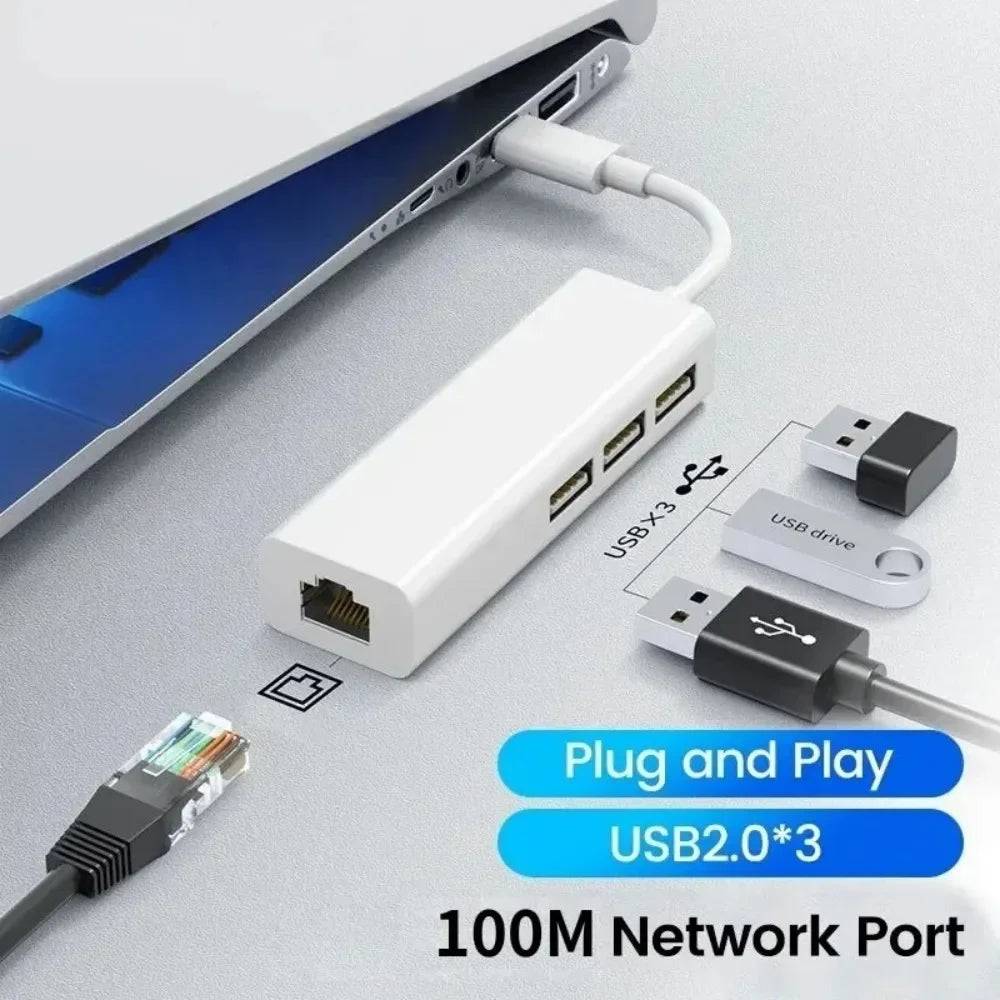 4-in-1 USB 2.0 Hub & 100Mbps RJ45 Ethernet Adapter USB Ethernet Hub HIP