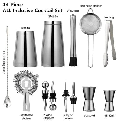 13-Piece Stainless Steel Cocktail Shaker & Bar Tool Set Cocktail Bar Tool Set HIP Silver Sets