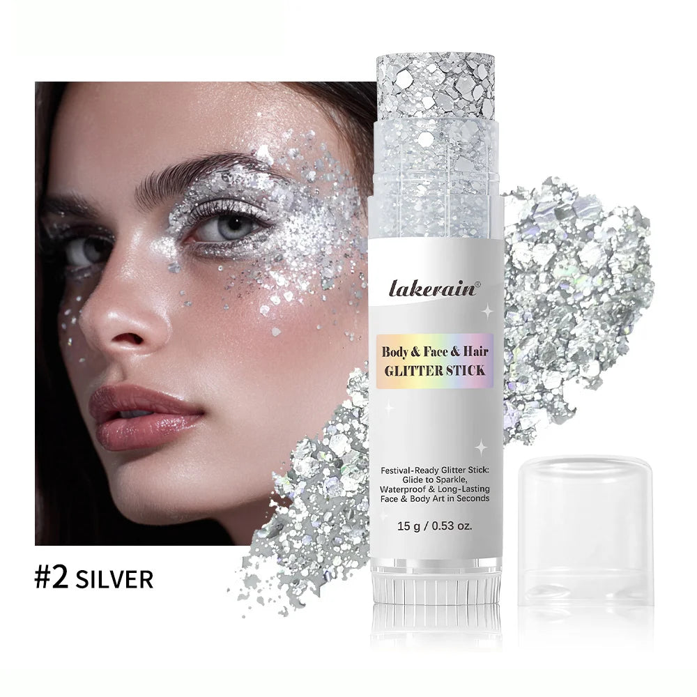 Shiny Glitter Gel Stick Highlighter, Sparkling Sequins Pearl White Pink Eyeshadow, Face Body Brighten Makeup for Stage & Daily L HIP 2Silver