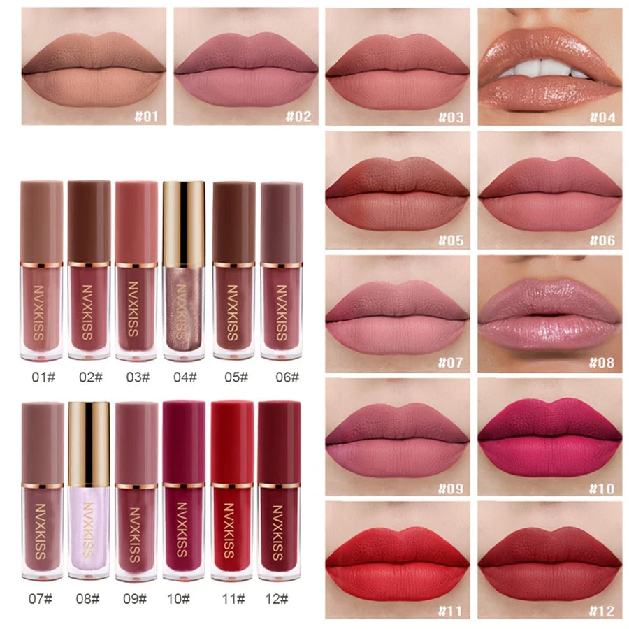 12PCS matte lip glaze pearlescent lip gloss waterproof long-lasting not easy to fade matte lipstick gift box gift HIP
