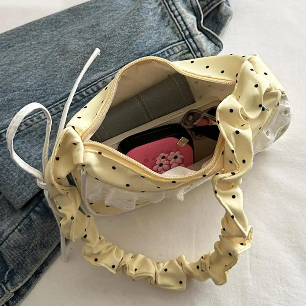 Lace Polka Dot Shoulder Bag Stretchable Strap Large Capacity Pleated Underarm Bag Polyester Multi-Color French Stick Handbag HIP