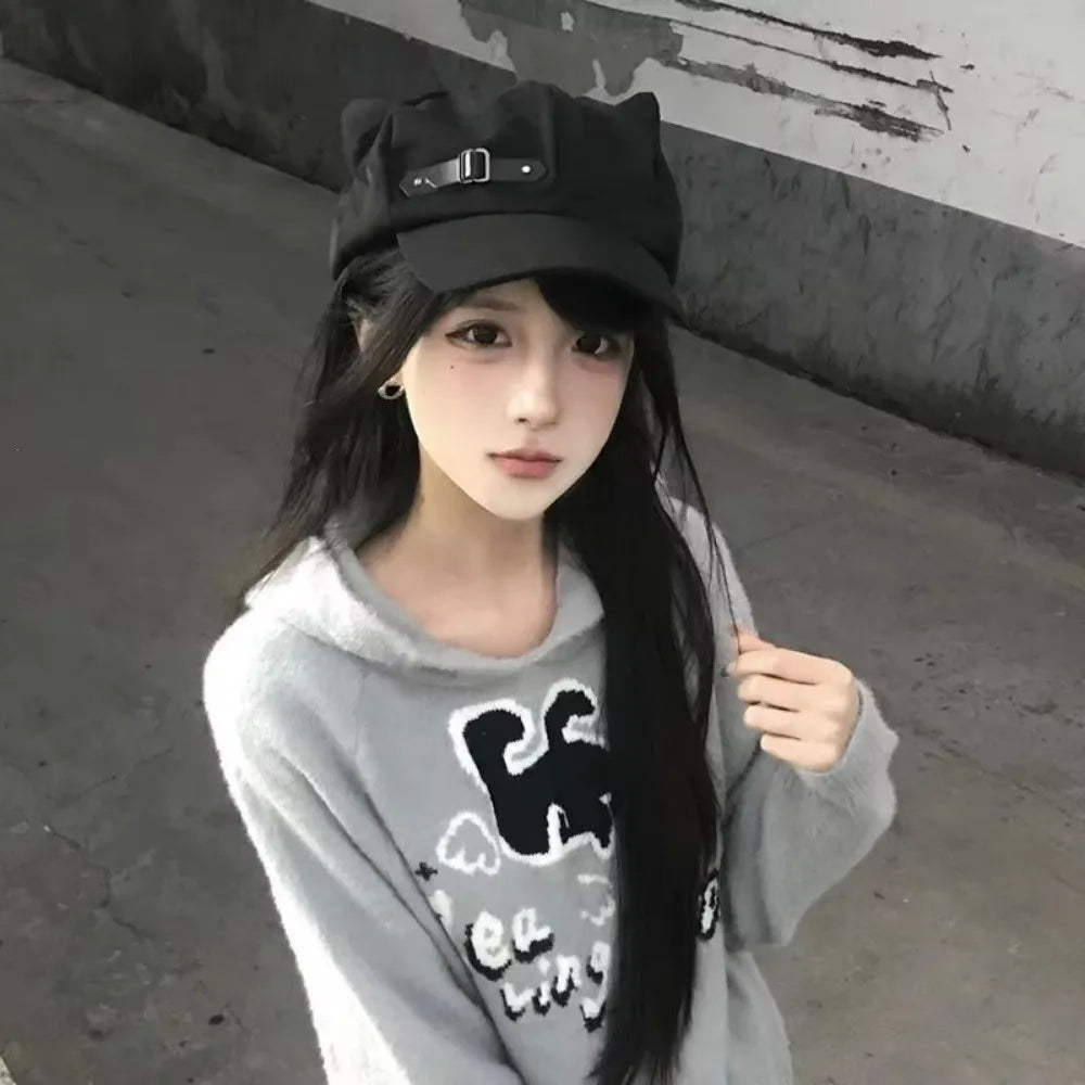 Y2K Cat Ears Lolita Beret Hat – Harajuku Gothic Flat Cap Lolita Beret Hat HIP