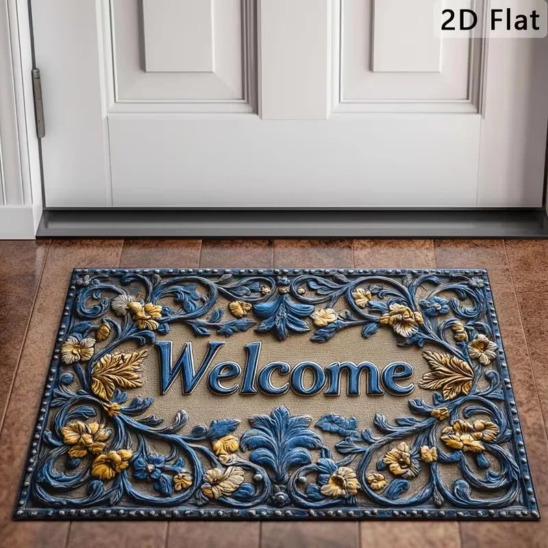 European Floral Doormat – Blue Gold Non-Slip Entry Rug Entry Doormat HIP 2 40x60cm-Felt