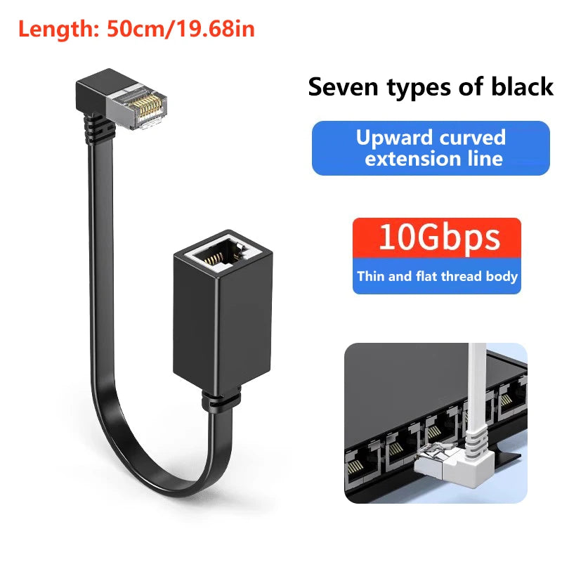 90° Flat CAT7 RJ45 Network Extension Cable – Left/Right Angle Network Cable Adapter HIP A2