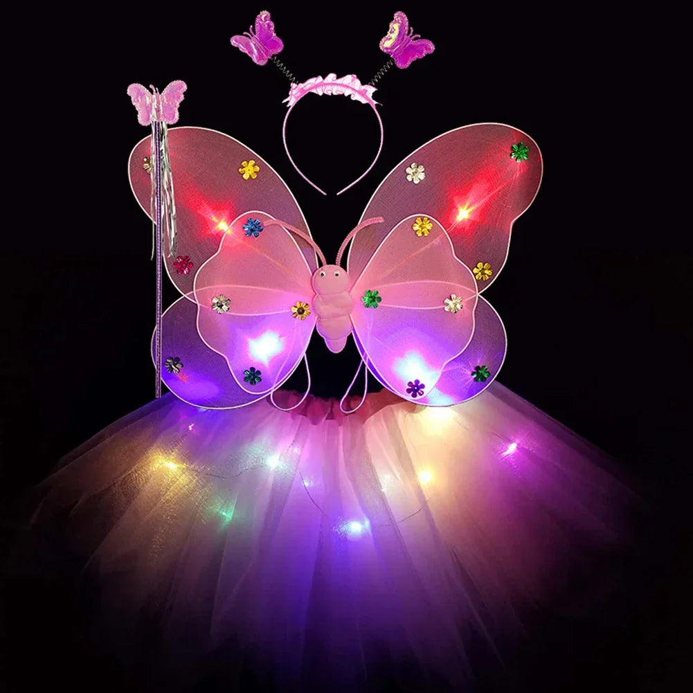 3/4Pcs/Set Double Layers Girls Led Flashing Light Fairy Butterfly Wing Wand Headband Costume Toy Gift Halloween Decoration HIP
