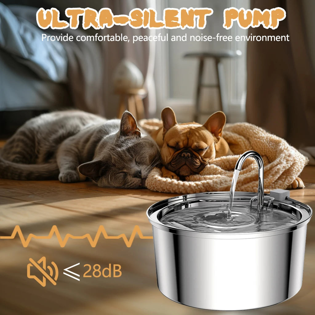 Stainless Steel Pet Water Fountain、3.2L/108oz、Auto、Ultra Quiet Pump、5/9Pcs Replacement Filters、Cats Dogs Multiple Pets HIP