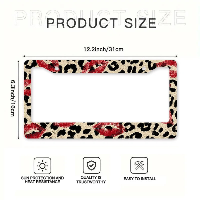 Metal License Plate Frame – Leopard Print & Red Lips Gold Tone License Plate Frame HIP