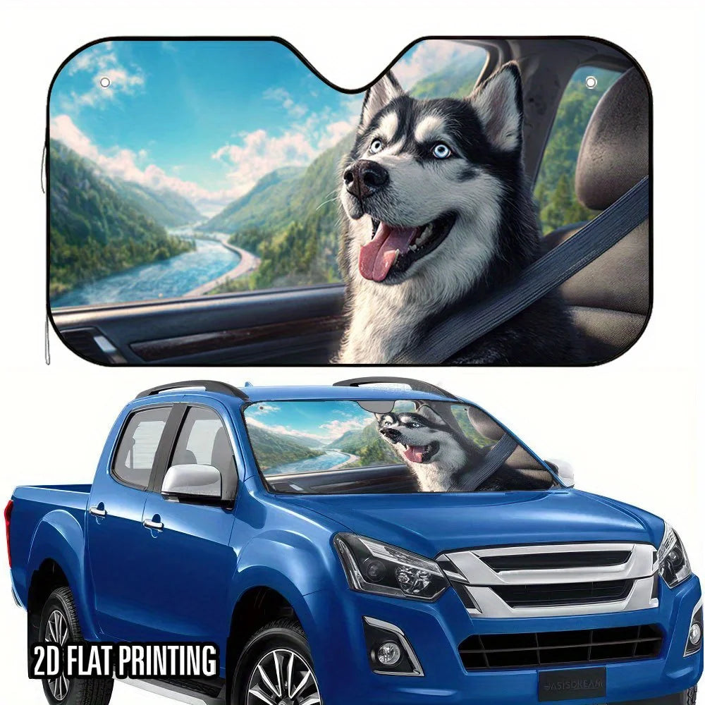 2D Husky Bus Print Foldable Car Windshield Sunshade Car Windshield Sunshade HIP M