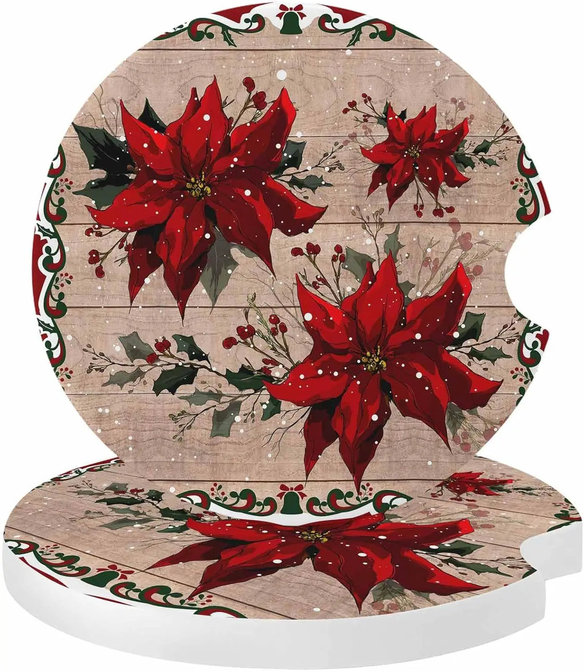 Christmas Poinsettia Ceramic Car Cup Coasters Set of 2 – 2.56" Car Cup Coasters HIP 2 Other
