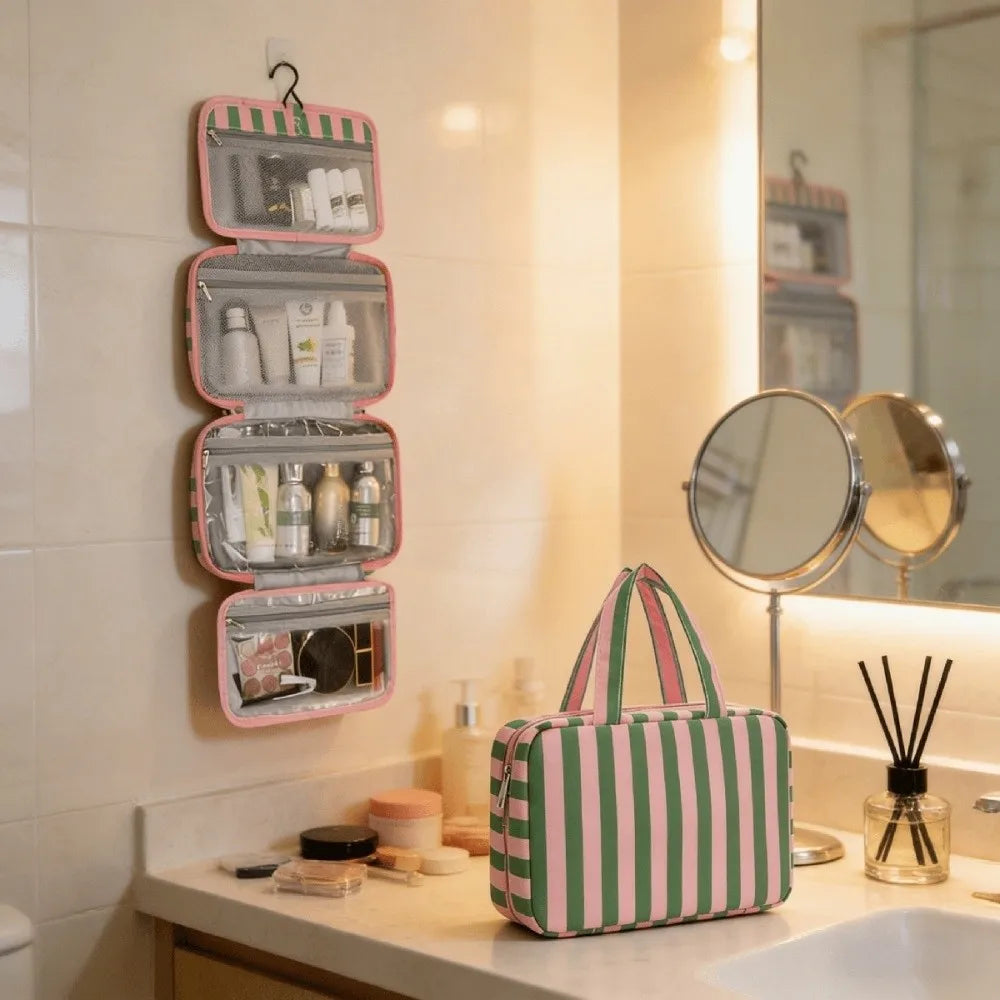 4-Fold Hanging Travel Toiletry Bag – Striped Cosmetic Organizer Cosmetic Travel Bag HIP