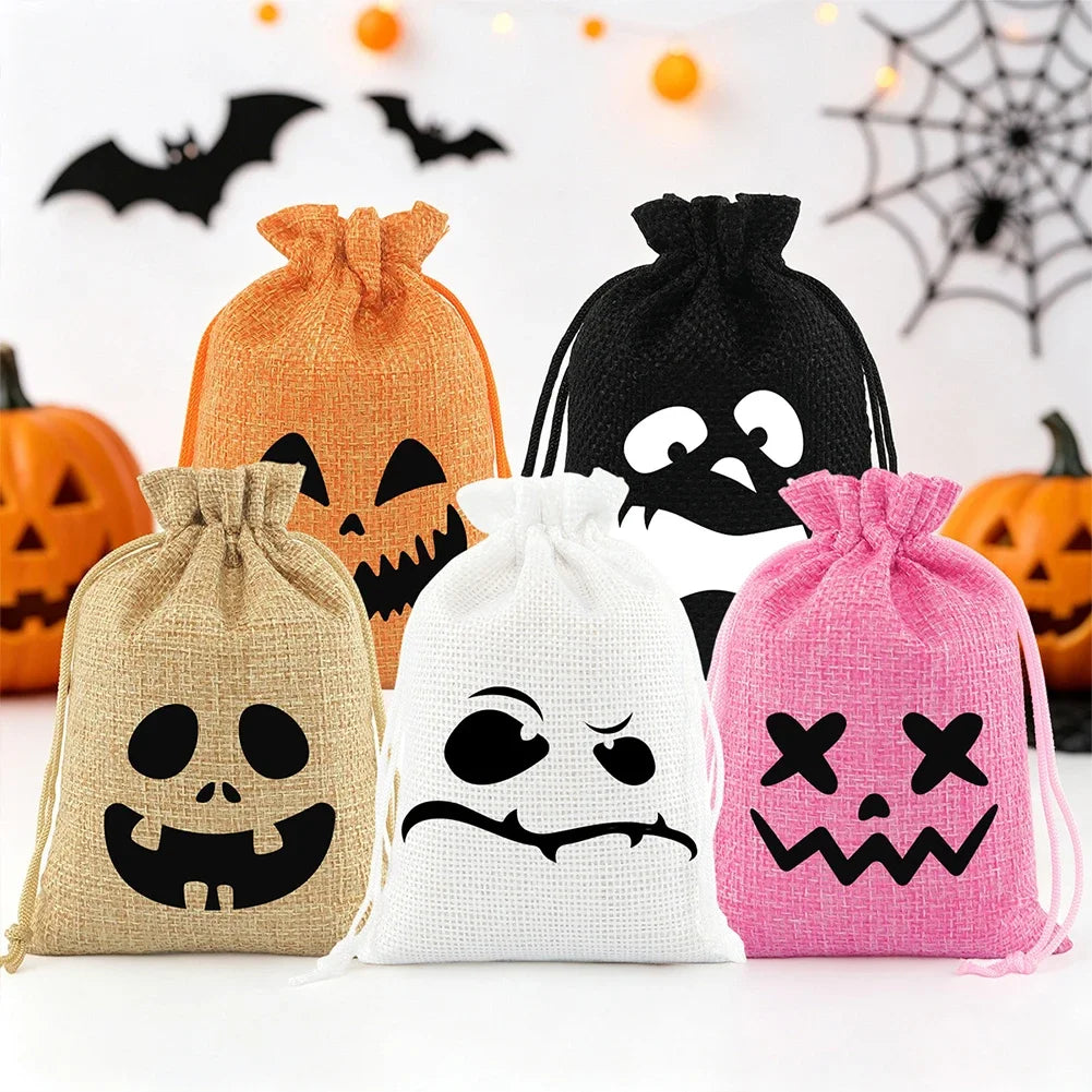 Multi Functional 5PCS Halloween Drawstring Gift Bag Linen Pumpkin Spider Bag Kids Favorite Candy Bag Holiday Party Home Decor HIP
