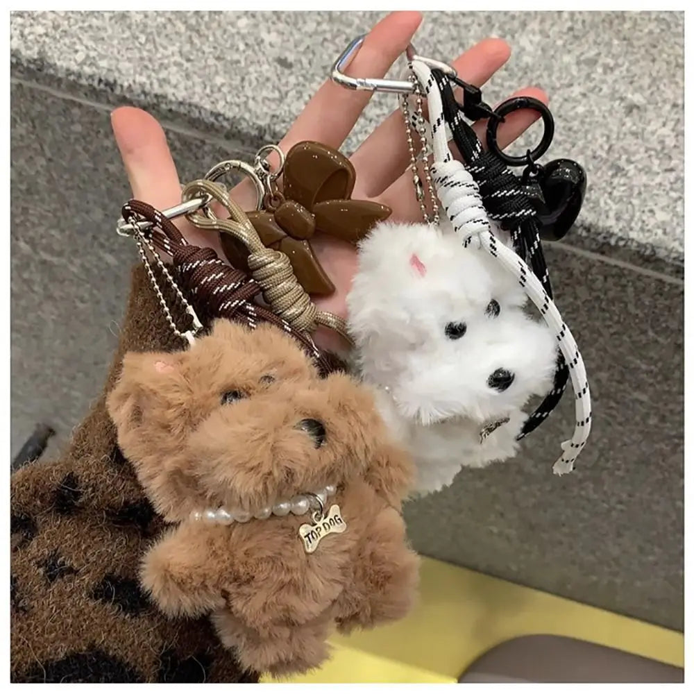 Plush Dog Bag Charm Keychain Pendant – Coffee & White Plush Bag Charm HIP
