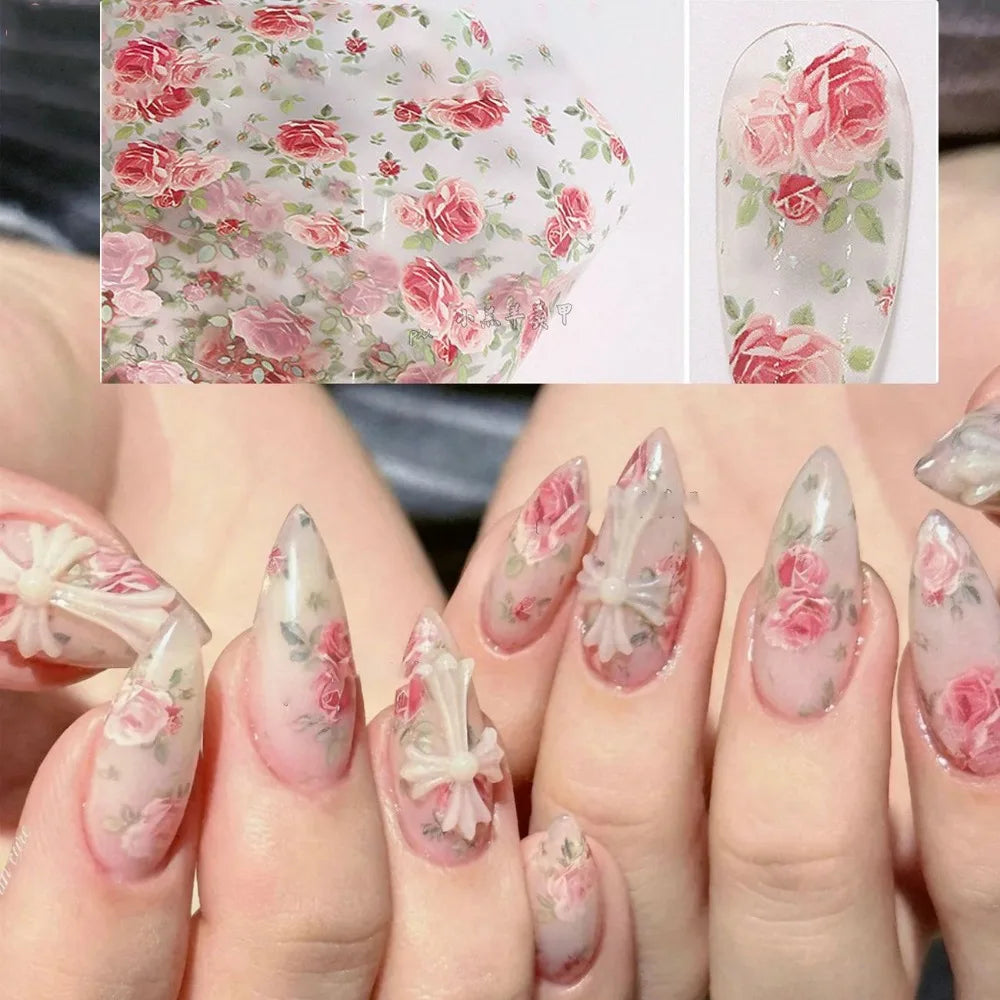 Lace Floral Nail Transfer Stickers Colorful Rose Flower Nail Foil French Vintage Style for DIY Manicure Transfer Paper Ornament HIP