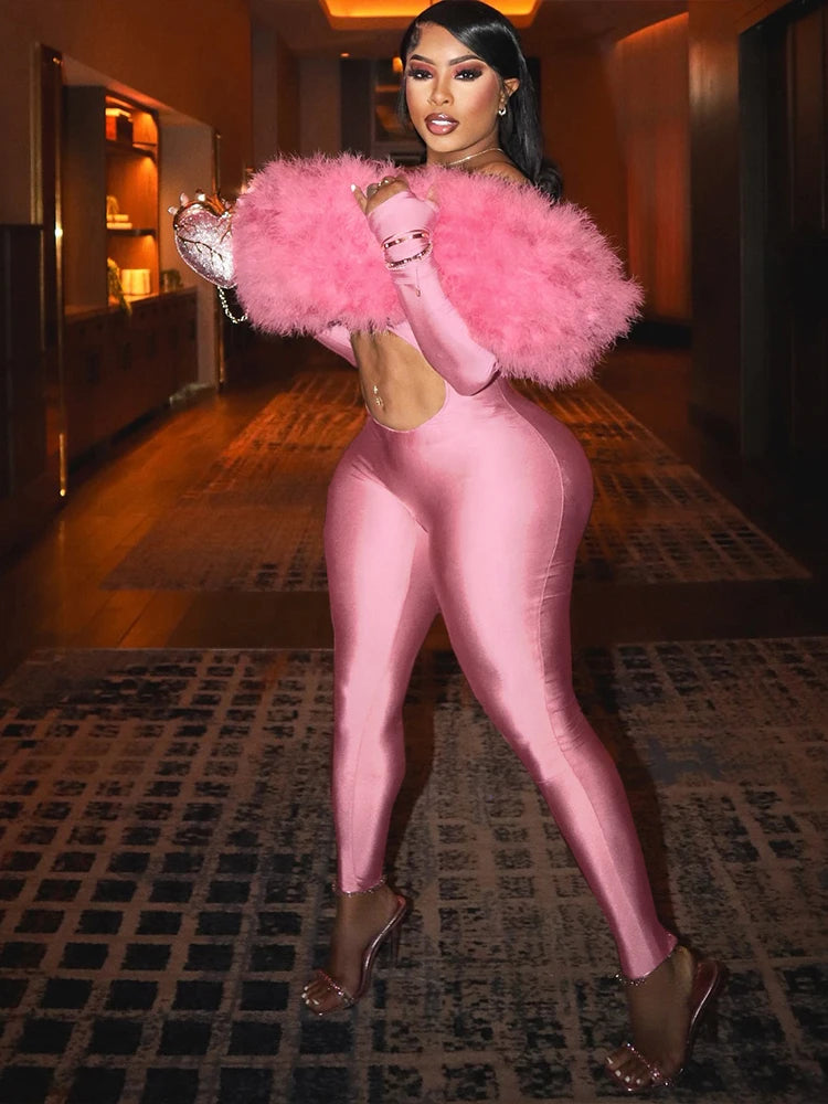Sisterlinda Furry Slash Neck Jumpsuit – Sexy Club Overalls Women's Jumpsuit HIP Pink L