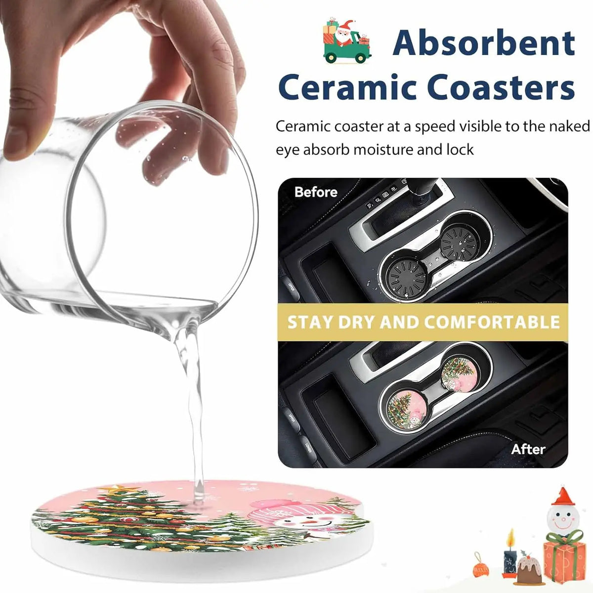 Snowman Christmas Ceramic Car Cup Holder Coasters – Set of 2 Ceramic Car Coasters HIP